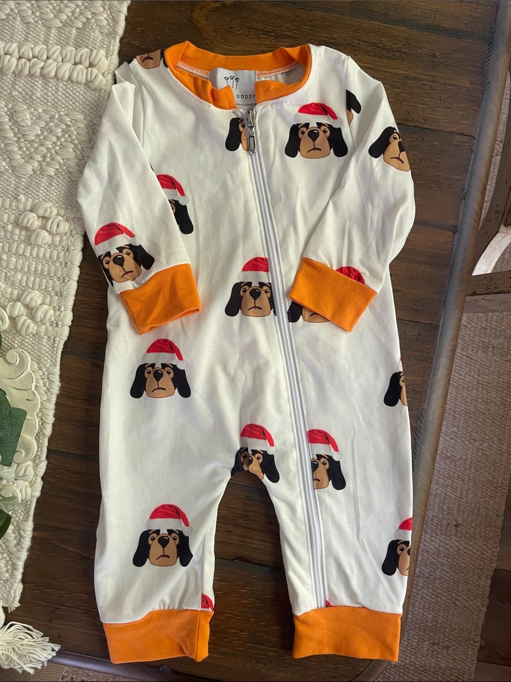 Holiday TN Smokey  Zip-Front One-Piece Pajamas in White with Orange Trim